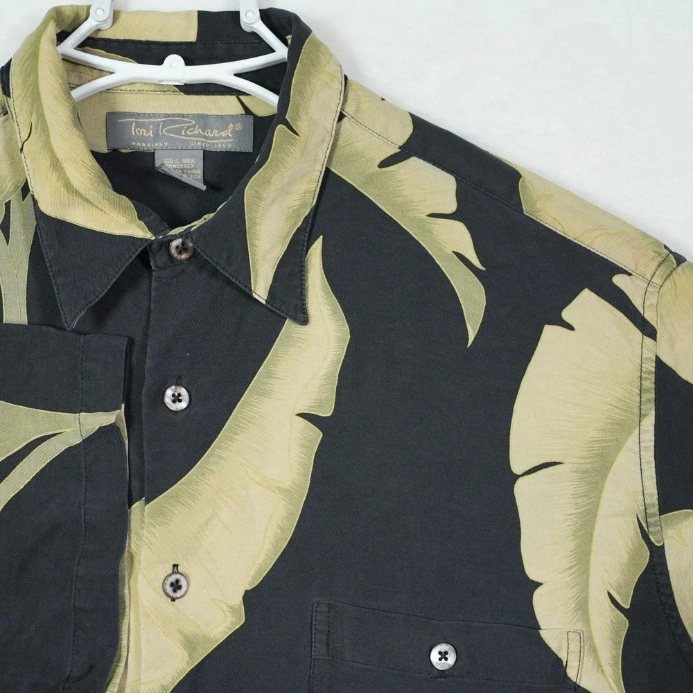 Tori Richard Mens XL Silk Hawaiian Shirt Black Green‎ Banana Leaf Tropical Aloha